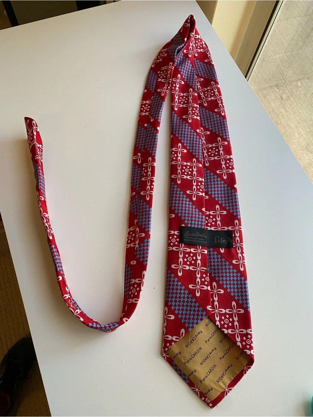 Vintage 70s Pierre Cardin Geometric Wide Tie - Foley's Red Blue White 4
